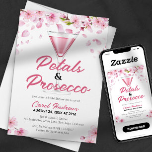 Convites Chá de Bebê Rosa Moderno com Pétalas e Prosecco