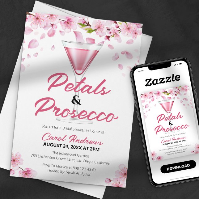 Convites Chá de Bebê Rosa Moderno com Pétalas e Prosecco (Criador carregado)