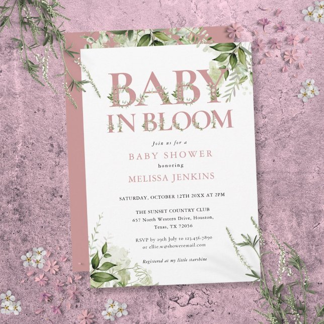 Convites Chá de Bebê Rosa Poeira Bebê em Flor (Baby In Bloom Dusty Rose Pink Greenery Baby Shower Invitation)