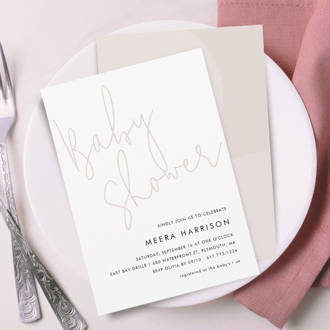 Convites Chá de Bebê Rosa Roteiro Minimalista Moderno (Modern Minimalist Script Pink Baby Shower Invitation)