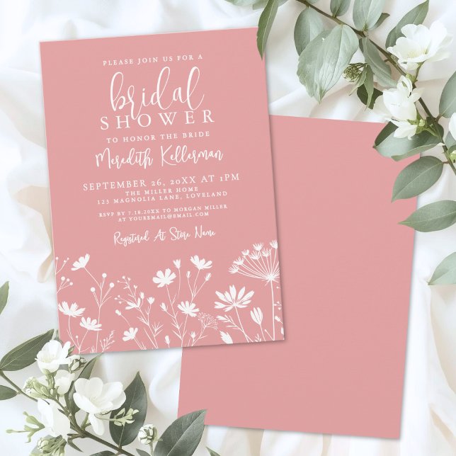 Convites Chá de Bebê Rosa Wildflower (Pink Wildflower Bridal Shower Invitation)