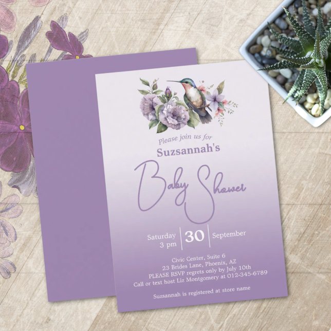 Convites Chá de Bebê Roxo Ombre Beija-flor Pastel  (Sweet humming bird on pastel purple baby shower template invitation.)
