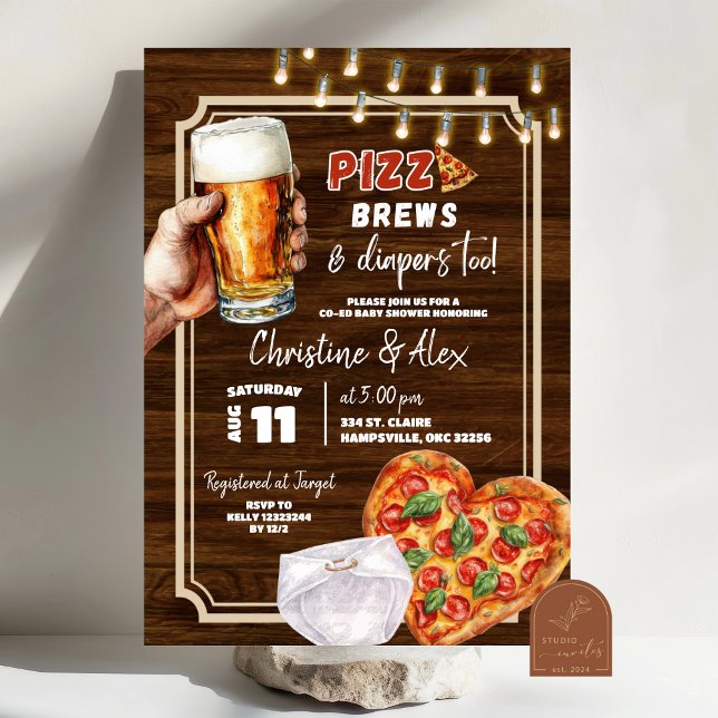 Convites Chá de Bebê Rustic Wood Pizza Brew e Fraldas també (Criador carregado)