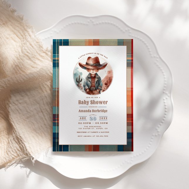 Convites Chá de Bebê Rústico Caubói Mousse de Mocha (Mocha Mousse Rustic Western Cowboy Baby Shower Invitation)