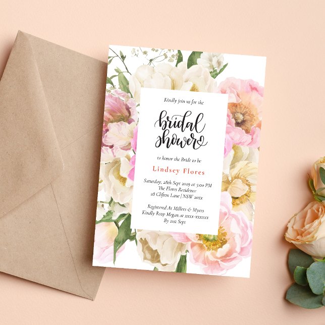 Convites Chá de Bebê Rústico com Flores Rosadas e Folhagens (Rustic pink floral greenery invitation creates a warm, romantic bridal shower tone)