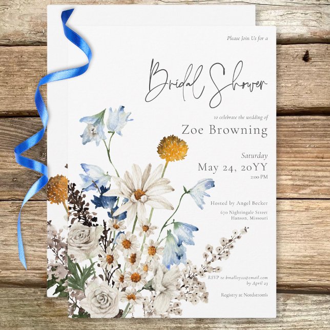 Convites Chá de Bebê Rústico com Flores Silvestres Azuis e  (Rustic Blue Wildflowers & Daisies Bridal Shower Invitation)