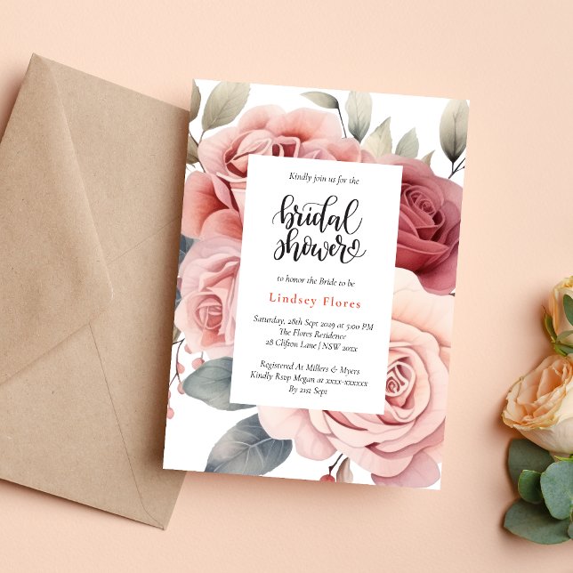 Convites Chá de Bebê Rústico com Rosa e Folhagens (Rustic pink rose greenery leaves invitation creates a warm, romantic bridal shower tone)