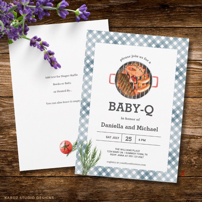 Convites Chá de Bebê Rústico com Xadrez Azul para Churrasco (The front and back of the invitation is shown in 5x7-inch. Choose size, paper, and corner style.)