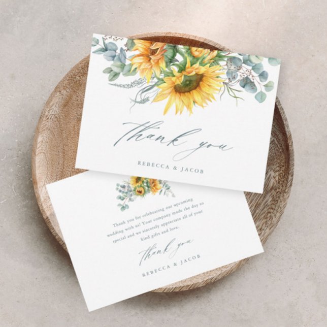 Convites Chá de Bebê Rústico Elegante de Girassol (Elegant rustic sunflower eucalyptus wedding bridal shower thank you card.)