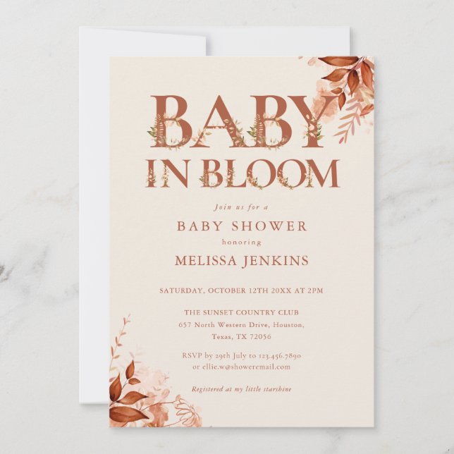 Convites Chá de Bebê Rústico Floral Baby In Bloom Outono (Frente)