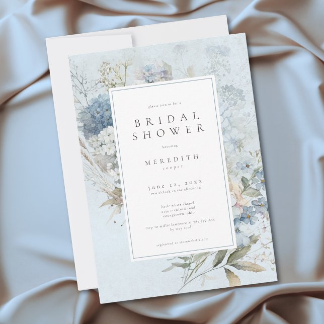 Convites Chá de Bebê Rústico Hortênsias Flores Brancas Azui (Rustic Hydrangea Blue White Floral Bridal Shower Invitation)