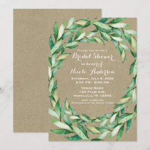 Convites Chá de Bebê Rústico Kraft Folhas Verdes Aquarela
