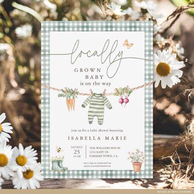 Convites Chá de Bebê Rústico Localmente Organizado e Neutro (The front of the baby shower invite is shown at 5x7-inch size. Choose paper, + corner style.)