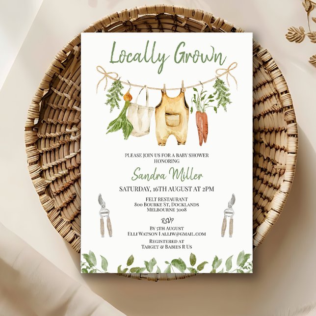 Convites Chá de Bebê Rústico Verde Cultivado Localmente (Locally Grown Baby Shower Invitation, Locally Grown baby Show Invite Template, Rustic Farm Invite)