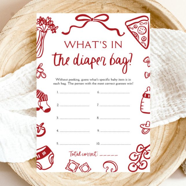 Convites Chá de Bebê Saco de Fraldas Desenhado à Mão (Hand Drawn What's In The Diaper Bag Baby Shower Game)