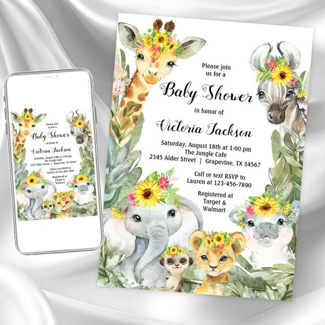 Convites Chá de Bebê Safari de Menina com Girassóis (Girl sunflower safari baby shower invitation. Instant download and printed invitations available.)