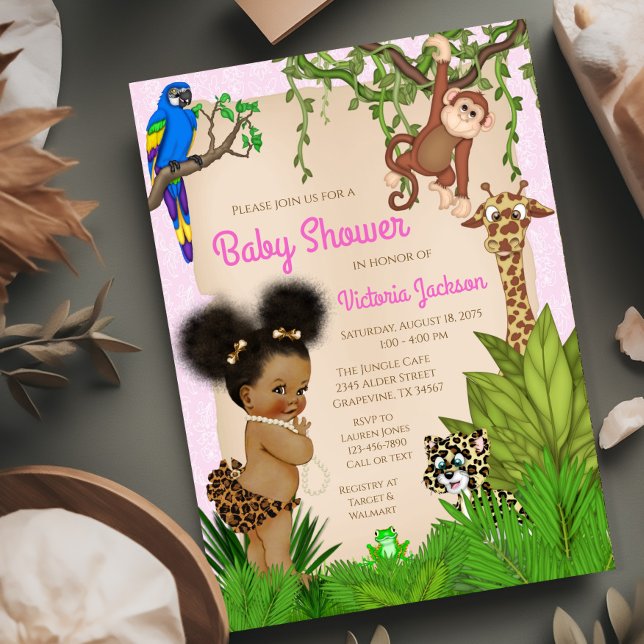 Convites Chá de Bebê Safari Menina de Cabelo Afro (Adorable safari baby shower invitation. You can change all of the text as needed for your event.)