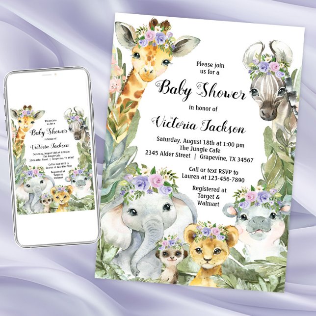 Convites Chá de Bebê Safari Menina Floral Roxa (Girl purple safari baby shower invitation. Instant download and printed invitations available.)