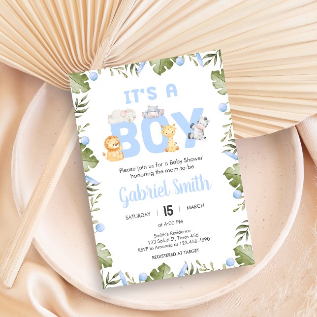 Convites Chá de Bebê Safari Menino  (Safari Jungle Animals Baby Shower Invitation)