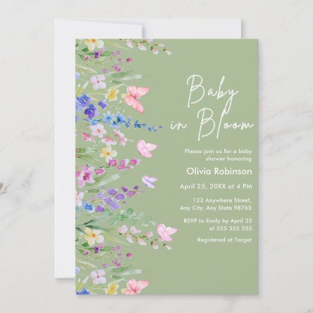 Convites Chá de Bebê Sage Green Spring Baby in Bloom  (Frente)