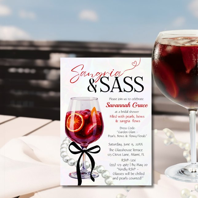Convites Chá de Bebê Sangria & Sass Pérolas e laço (Sangria & Sass Bridal Shower Pearls and bow Invitation)