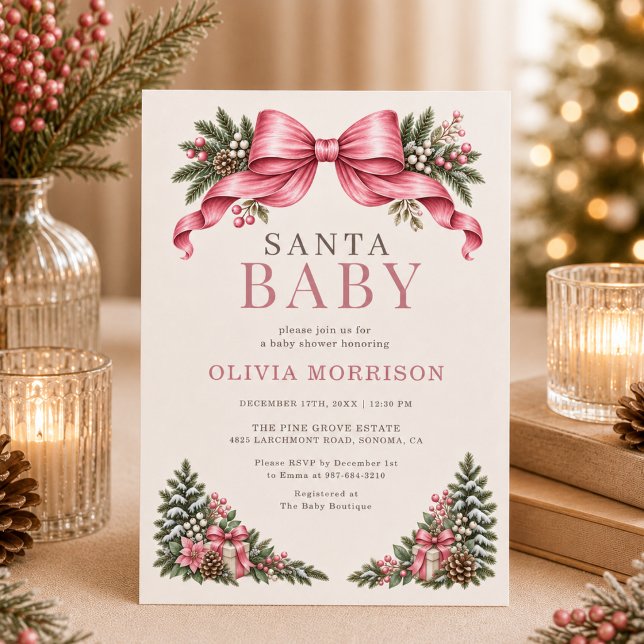Convites Chá de Bebê Santa Baby com Laço Rosa (Criador carregado)