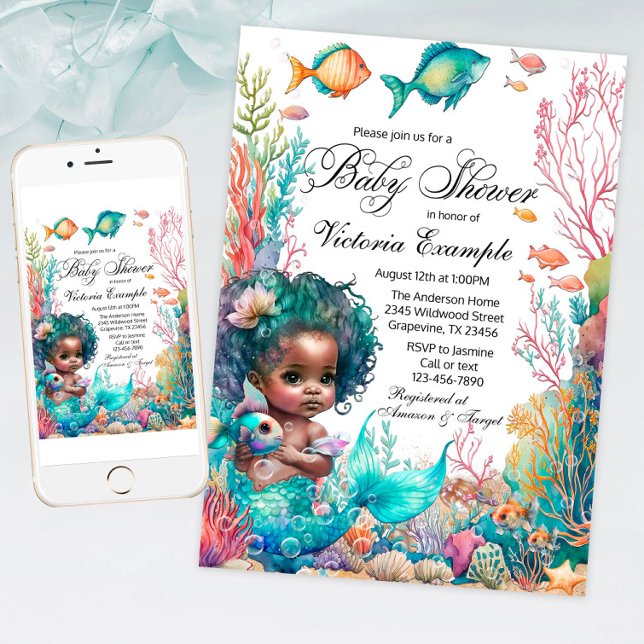 Convites Chá de Bebê Sereia Africana (Under the sea baby shower invitation with cute African mermaid baby, fish and coral.)