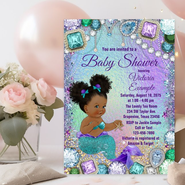 Convites Chá de Bebê Sereia Joia Afro Cabelo (Jewel mermaid baby shower invitation with adorable mermaid with afro puff hair and jewel background.)