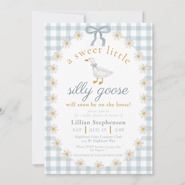 Convites Chá de Bebê Silly Goose Laço Azul Gingham (Frente)