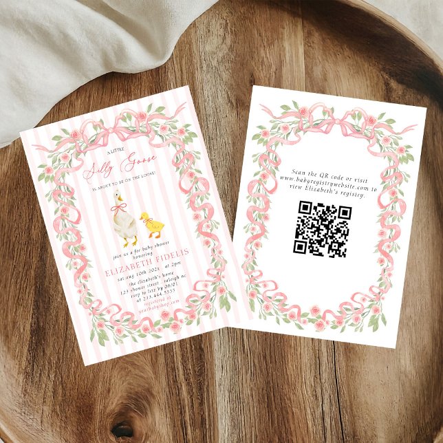 Convites Chá de Bebê Silly Goose Laço Rosa Floral Código QR (Criador carregado)