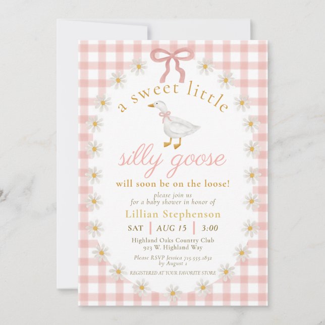 Convites Chá de Bebê Silly Goose Laço Rosa Gingham (Frente)