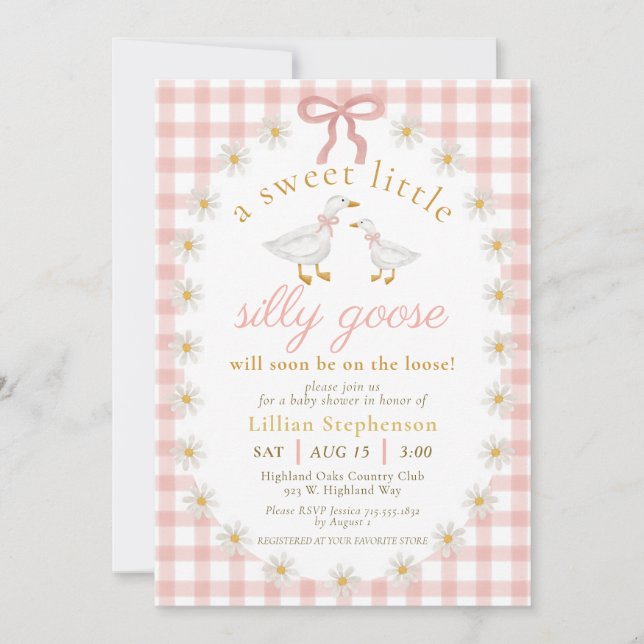 Convites Chá de Bebê Silly Goose Laço Rosa Gingham (Frente)