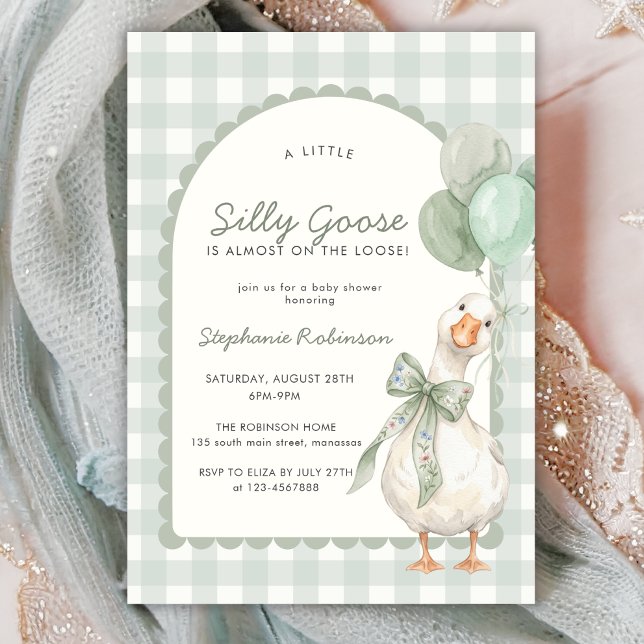 Convites Chá de Bebê Silly Goose Neutro em Xadrez Verde Sag (Criador carregado)