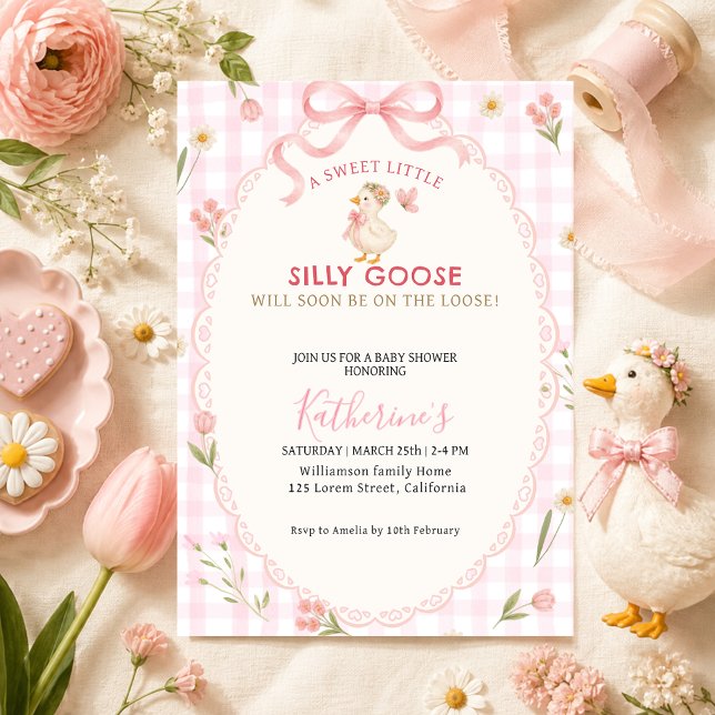 Convites Chá de bebê Silly Goose Pink gingham Girl (Criador carregado)