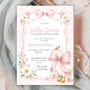 Convites Chá de Bebê Silly Goose Rosa com Laço Gingham