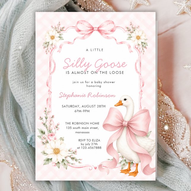Convites Chá de Bebê Silly Goose Rosa com Laço Gingham (Criador carregado)