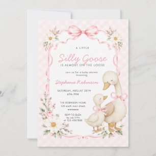 Convites Chá de Bebê Silly Goose Rosa com Laço Gingham