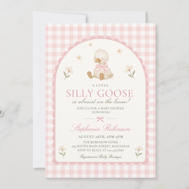 Convites Chá de Bebê Silly Goose Rosa Xadrez Arco Menina (Frente)