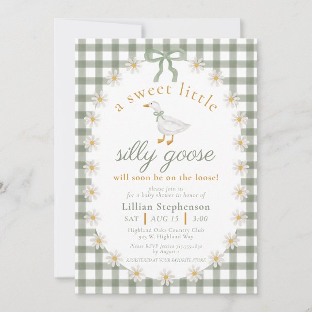 Convites Chá de Bebê Silly Goose Verde Laço Daisy Gingham (Frente)