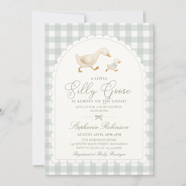 Convites Chá de Bebê Silly Goose Verde Sage Neutro Xadrez (Frente)