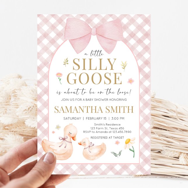 Convites Chá de Bebê Silly Goose Xadrez Rosa (Silly Goose Baby Shower Invitation)