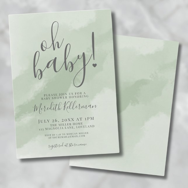 Convites Chá de Bebê Simples em Verde Salvia Oh Bebê (Simple Sage Green Baby Shower Invitation)