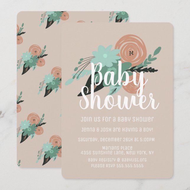 Convites Chá de Bebê Simples Floral Papoula Coral Pêssego (Frente/Verso)