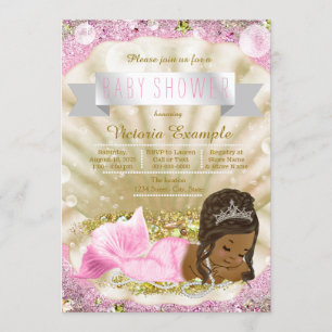 Convites Chá de Bebê Sirena Afro-Americana Dourado Rosa