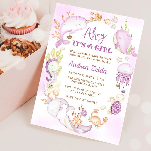 Convites Chá de Bebê Sob o Mar Azul Ahó É uma Menina (Criador carregado)