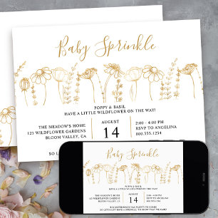 Convites Chá de Bebê Sprinkle Flor Silvestre Dourada Desenh
