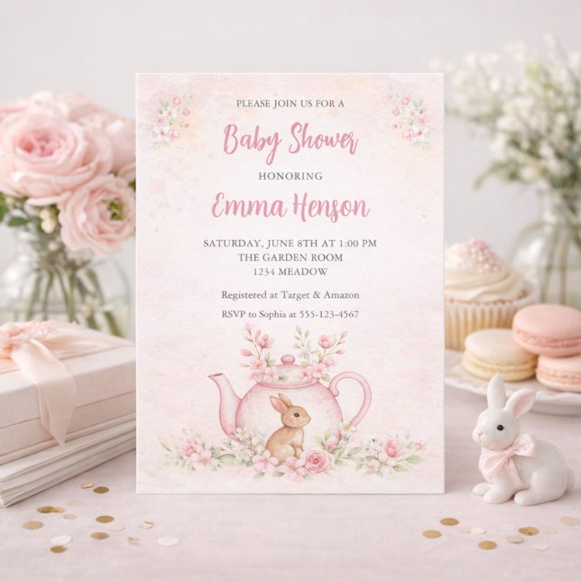 Convites Chá de Bebê Sweet Bunny & Floral Teapot  (Criador carregado)