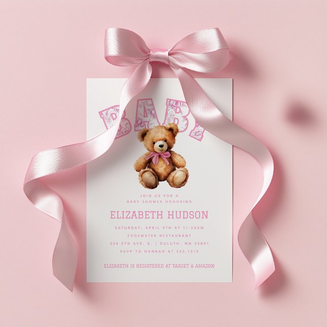 Convites Chá de Bebê Teddy Bear Rosa Preppy Varsity (Pink Preppy Varsity Teddy Bear Baby Shower Invitation)
