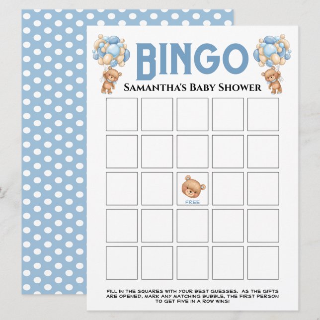 Convites Chá de Bebê Teddy Boy Jogo de Bingo Azul Espumante (Frente/Verso)
