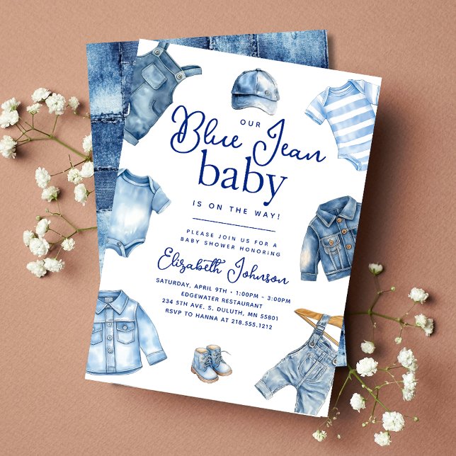 Convites Chá de Bebê Tema Jeans Azul Moderno (Modern Blue Jean Baby Denim Themed Baby Shower Invitation)